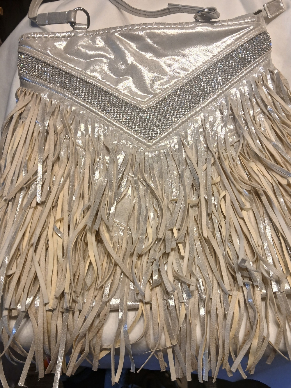 Charming Charlie Silver and Cream Fringe Shoulder Bag